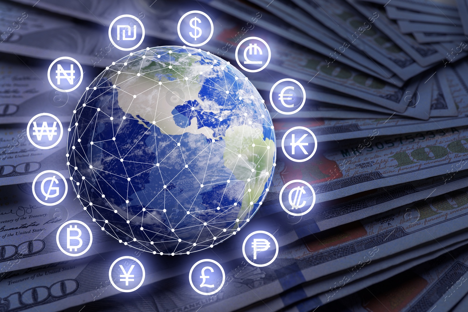 Image of Money exchange. Dollar banknotes and illustration of planet surrounded by different currency symbols