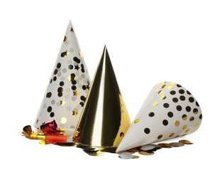 Colorful party hats and other festive items on white background