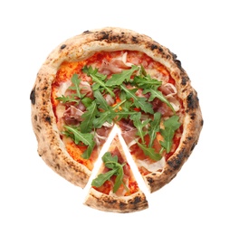 Photo of Tasty pizza with meat and arugula on white background, top view