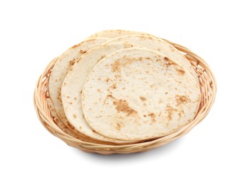 Photo of Tasty homemade tortillas in wicker basket isolated on white