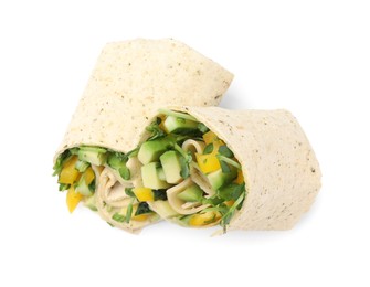 Delicious sandwich wraps with fresh vegetables isolated on white, top view