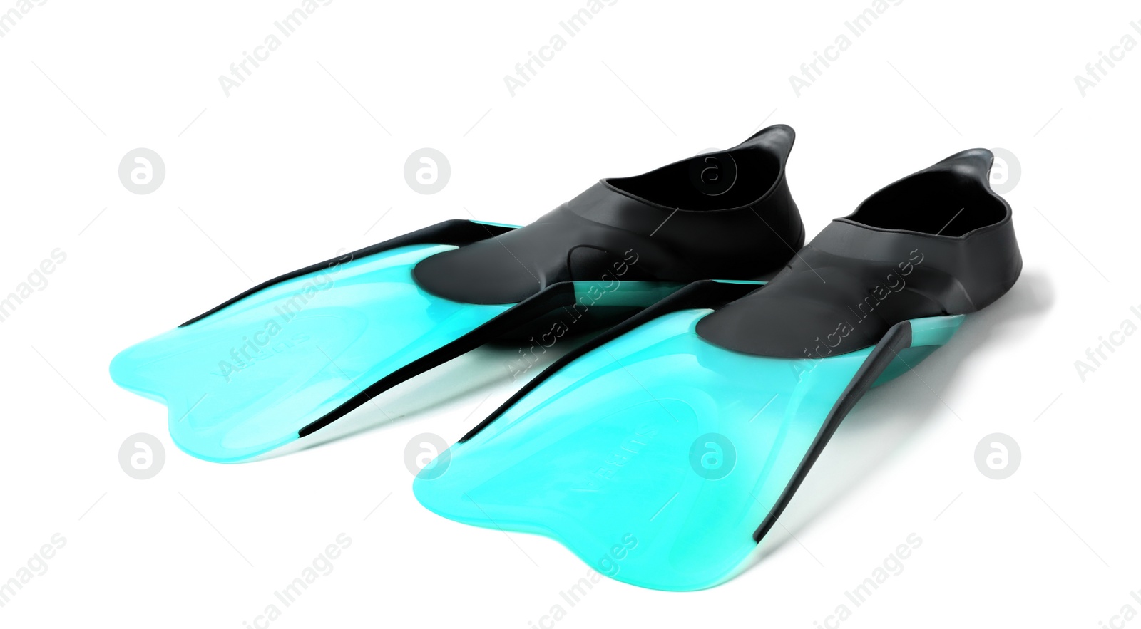 Photo of Pair of blue flippers on white background