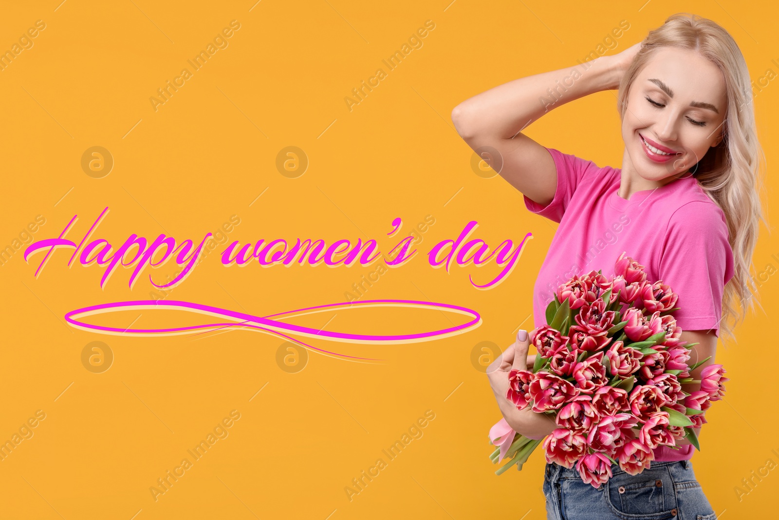 Image of Happy Women's Day - March 8. Attractive lady with bouquet of tulips on orange background