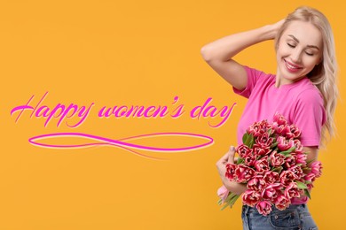 Image of Happy Women's Day - March 8. Attractive lady with bouquet of tulips on orange background