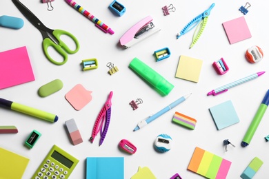 Photo of School stationery on white background, flat lay. Back to school