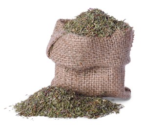 Photo of Sack of dried thyme isolated on white