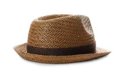 Stylish brown straw hat isolated on white