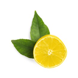 Photo of Fresh ripe lemon half with leaves on white background, top view