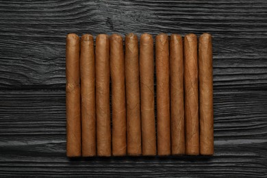 Many cigars on black wooden table, flat lay