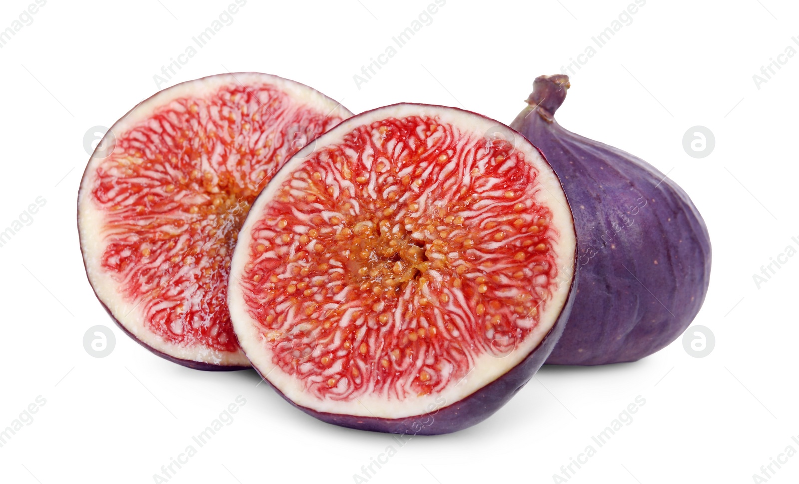 Photo of Whole and cut fresh ripe figs isolated on white