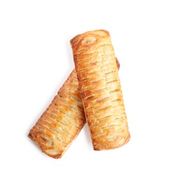 Fresh tasty puff pastry on white background, top view