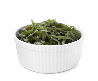 Photo of Tasty seaweed salad in bowl isolated on white