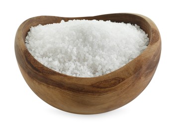 Photo of Natural salt in wooden bowl isolated on white