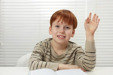 Photo of Cute little boy waving hello during online lesson indoors, view from web camera