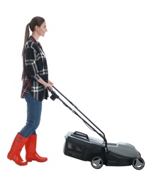 Young woman with modern lawn mower on white background