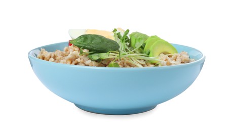 Delicious boiled oatmeal with egg, avocado and basil in bowl isolated on white