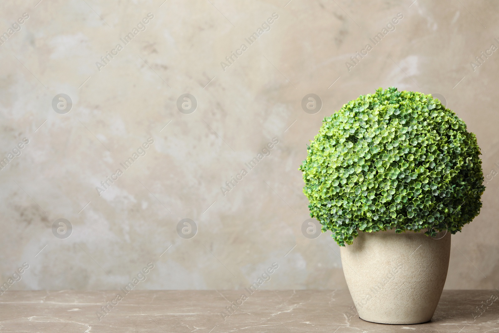 Photo of Beautiful artificial plant in flower pot on marble table. Space for text