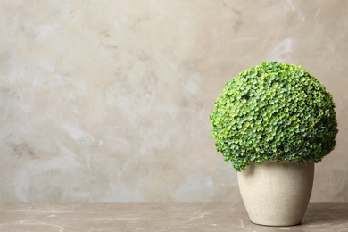 Beautiful artificial plant in flower pot on marble table. Space for text