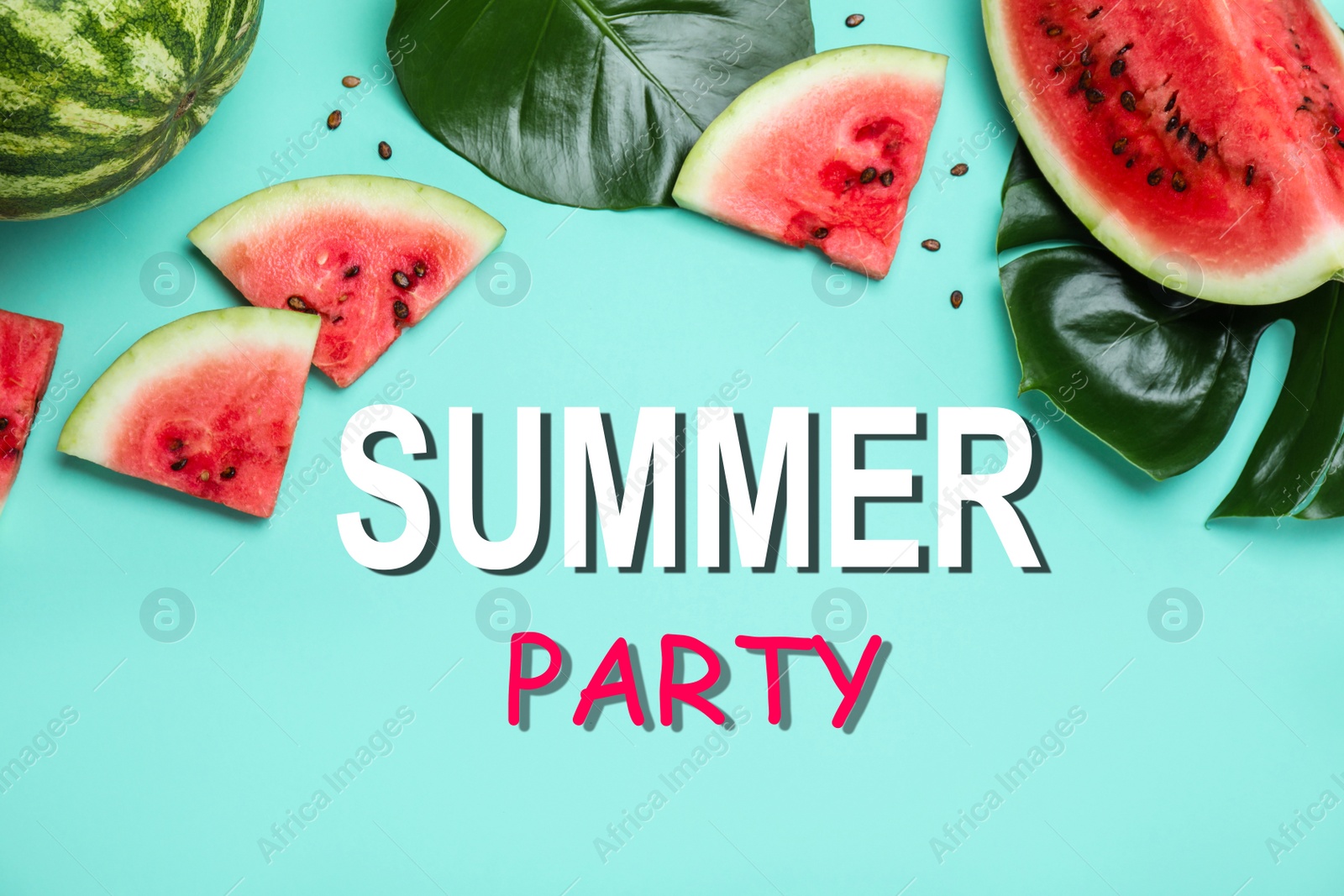 Image of Delicious ripe watermelon and tropical leaves on turquoise background, flat lay. Summer Party