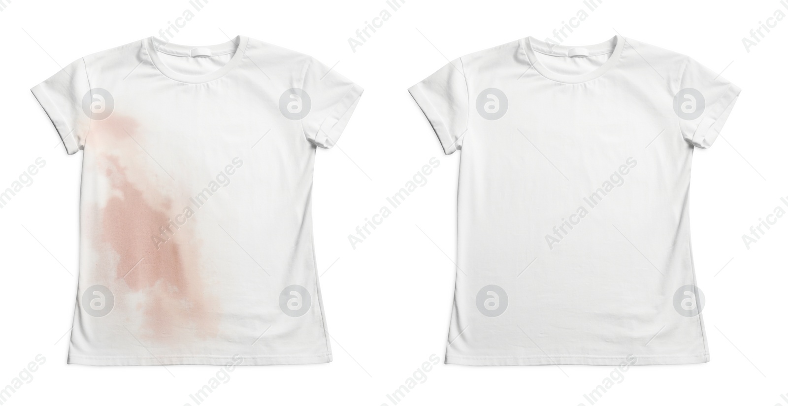 Image of Collage with dirty and clean t-shirt isolated on white. Before and after washing