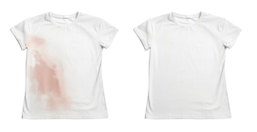 Image of Collage with dirty and clean t-shirt isolated on white. Before and after washing