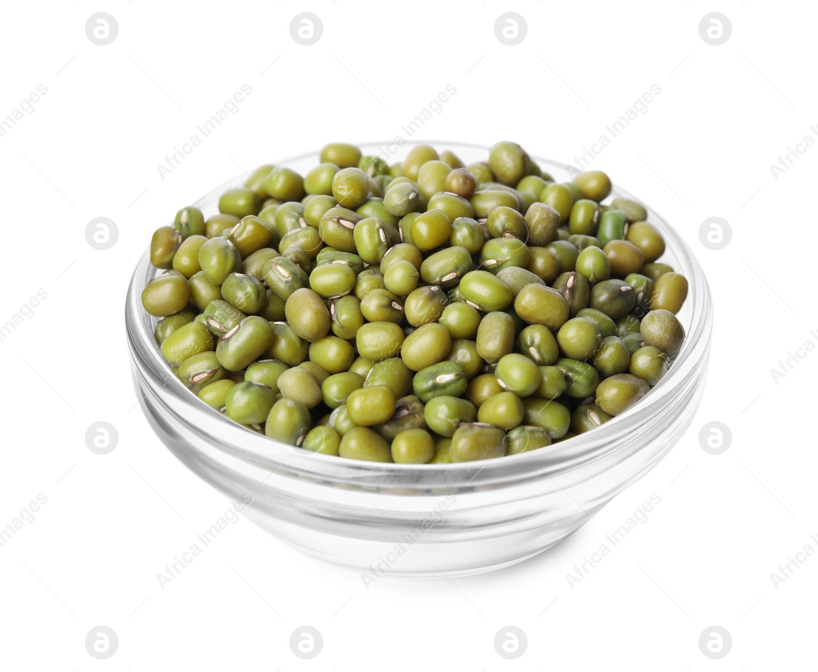 Photo of Glass bowl with green mung beans isolated on white. Organic grains