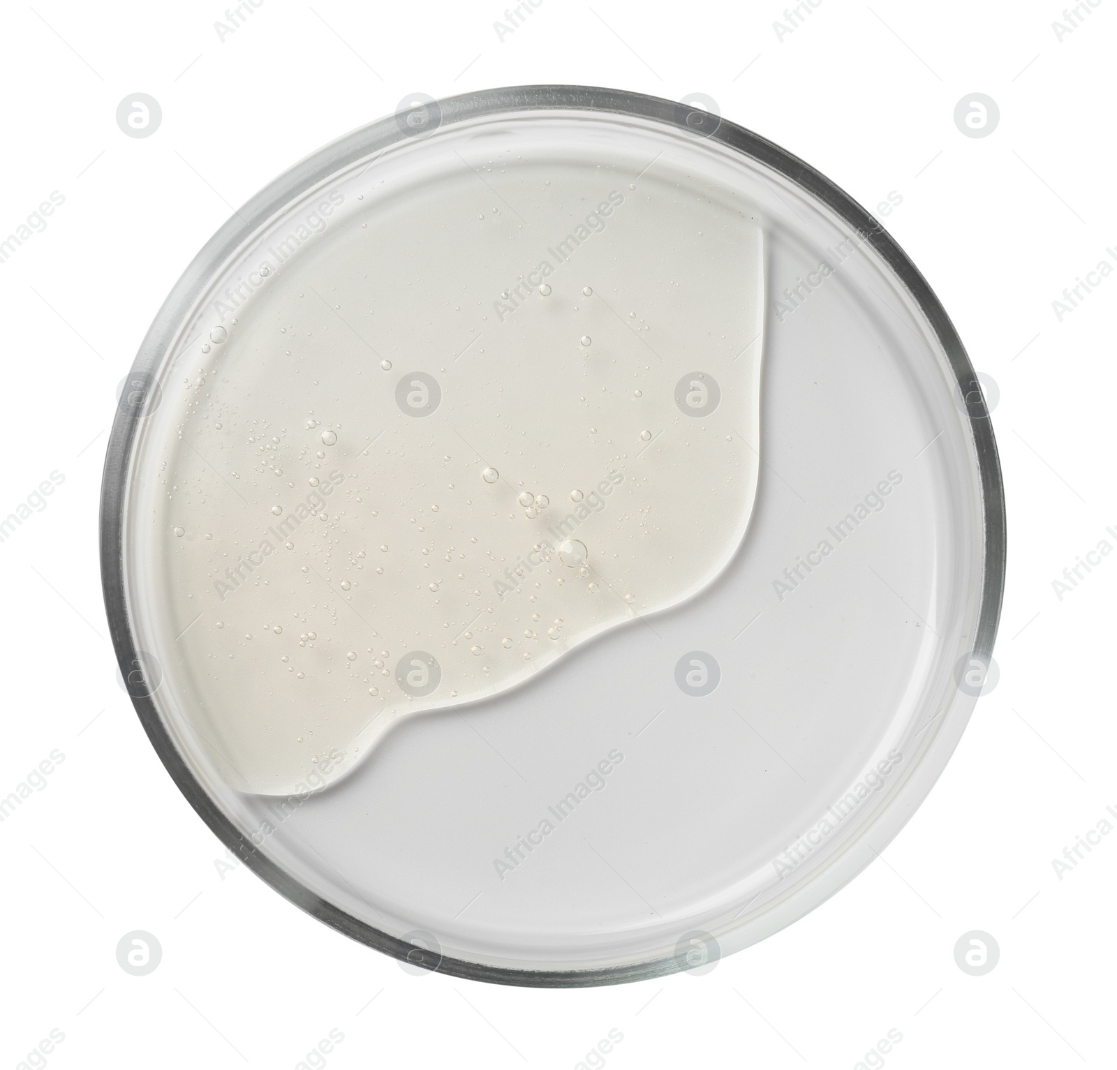 Photo of Petri dish with liquid sample on white background, top view