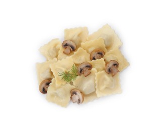 Photo of Delicious ravioli with mushrooms and dill isolated on white, top view