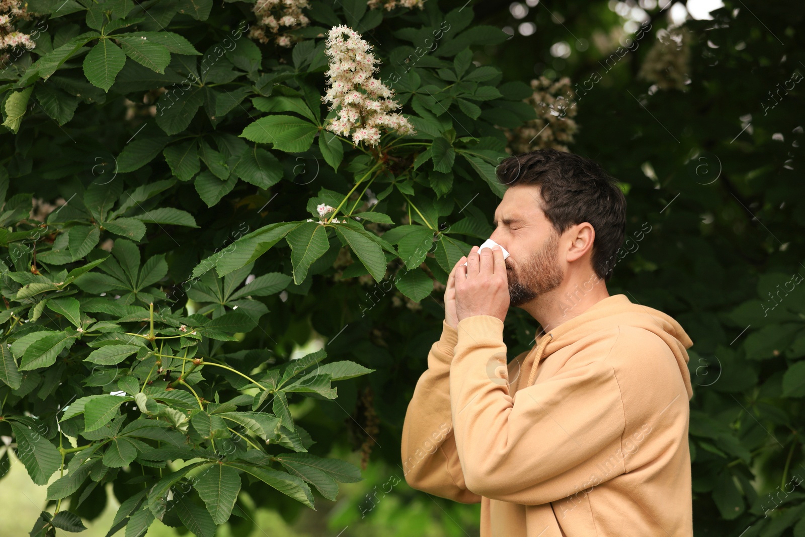 Photo of Man suffering from seasonal spring allergy near tree in park