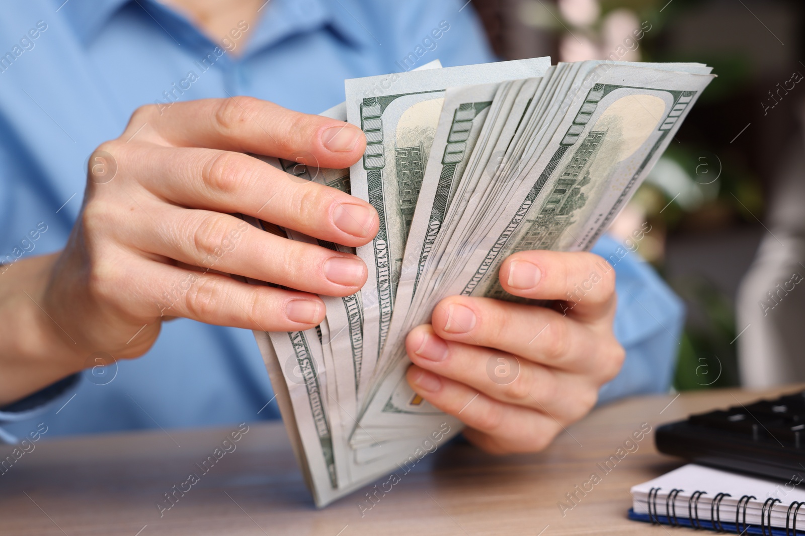 Photo of Money exchange. Woman counting dollar banknotes at wooden table, closeup