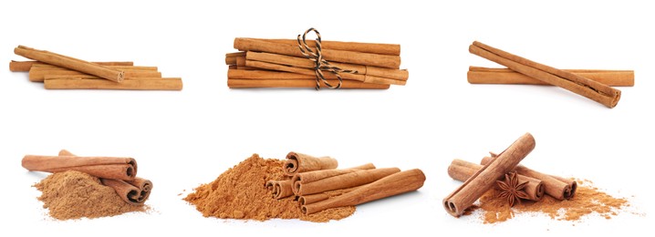 Image of Set with aromatic cinnamon sticks and powder on white background. Banner design