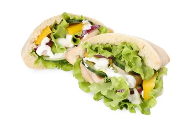 Photo of Delicious pita sandwiches with chicken breast and vegetables on white background
