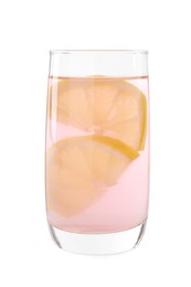 Glass of tasty rhubarb cocktail with lemon isolated on white