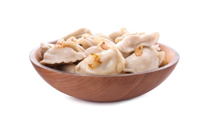 Delicious dumplings (varenyky) with potatoes and onion on white background