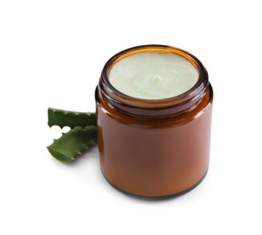 Photo of Jar of hand cream and aloe on white background