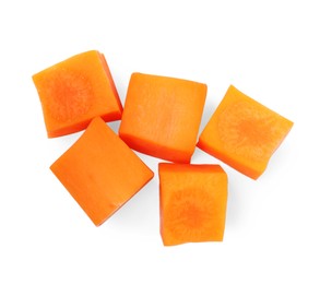 Photo of Fresh ripe diced carrot on white background, top view