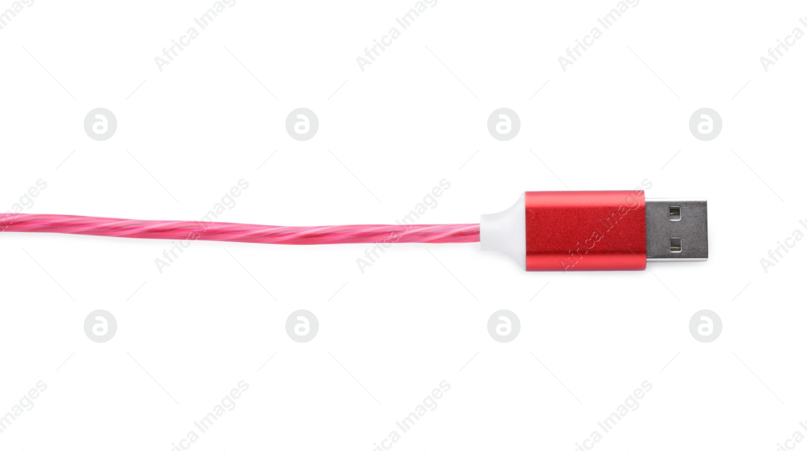 Photo of Type A connector of red USB cable isolated on white, top view