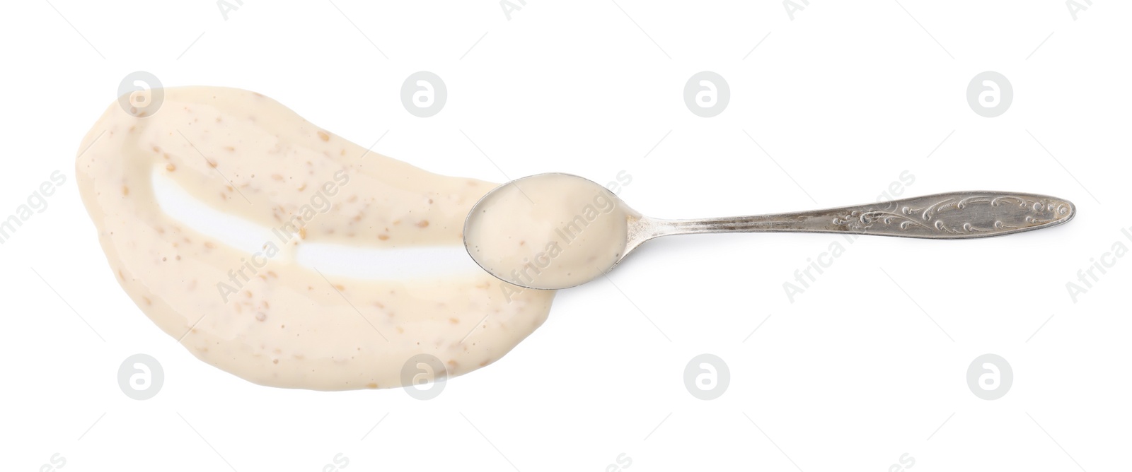 Photo of Spoon with fresh marinade isolated on white, top view