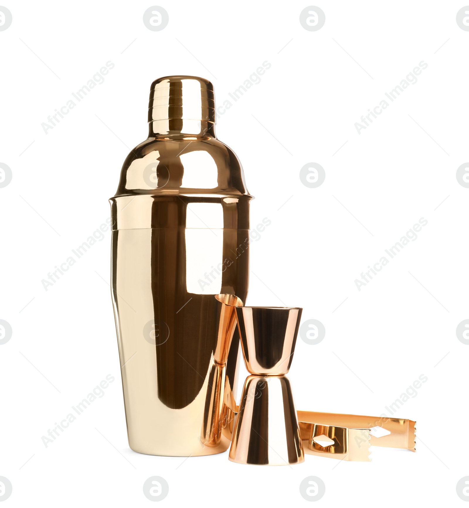 Photo of Metal cocktail shaker, jigger and tongs on white background