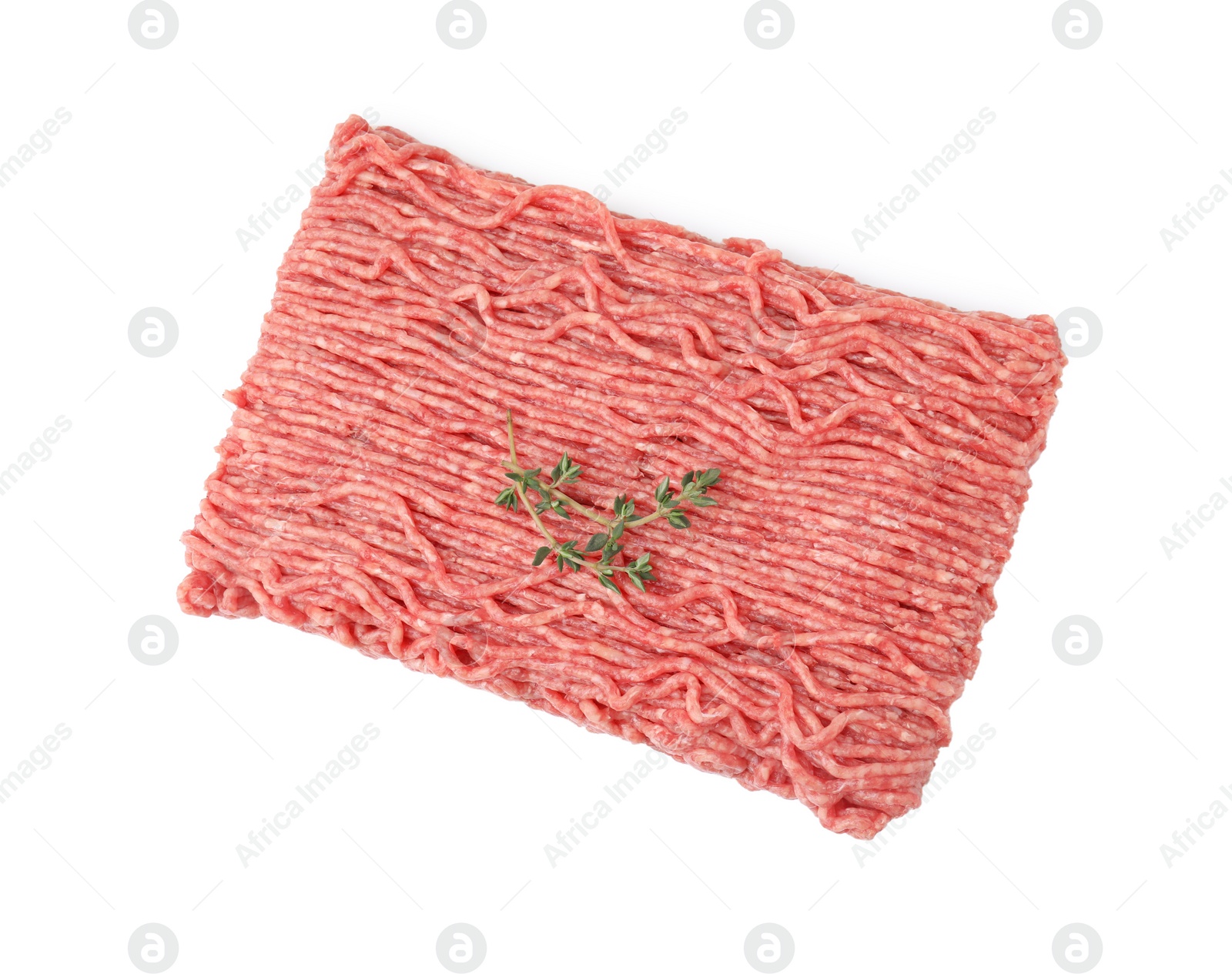 Photo of Fresh raw ground meat and thyme isolated on white, top view