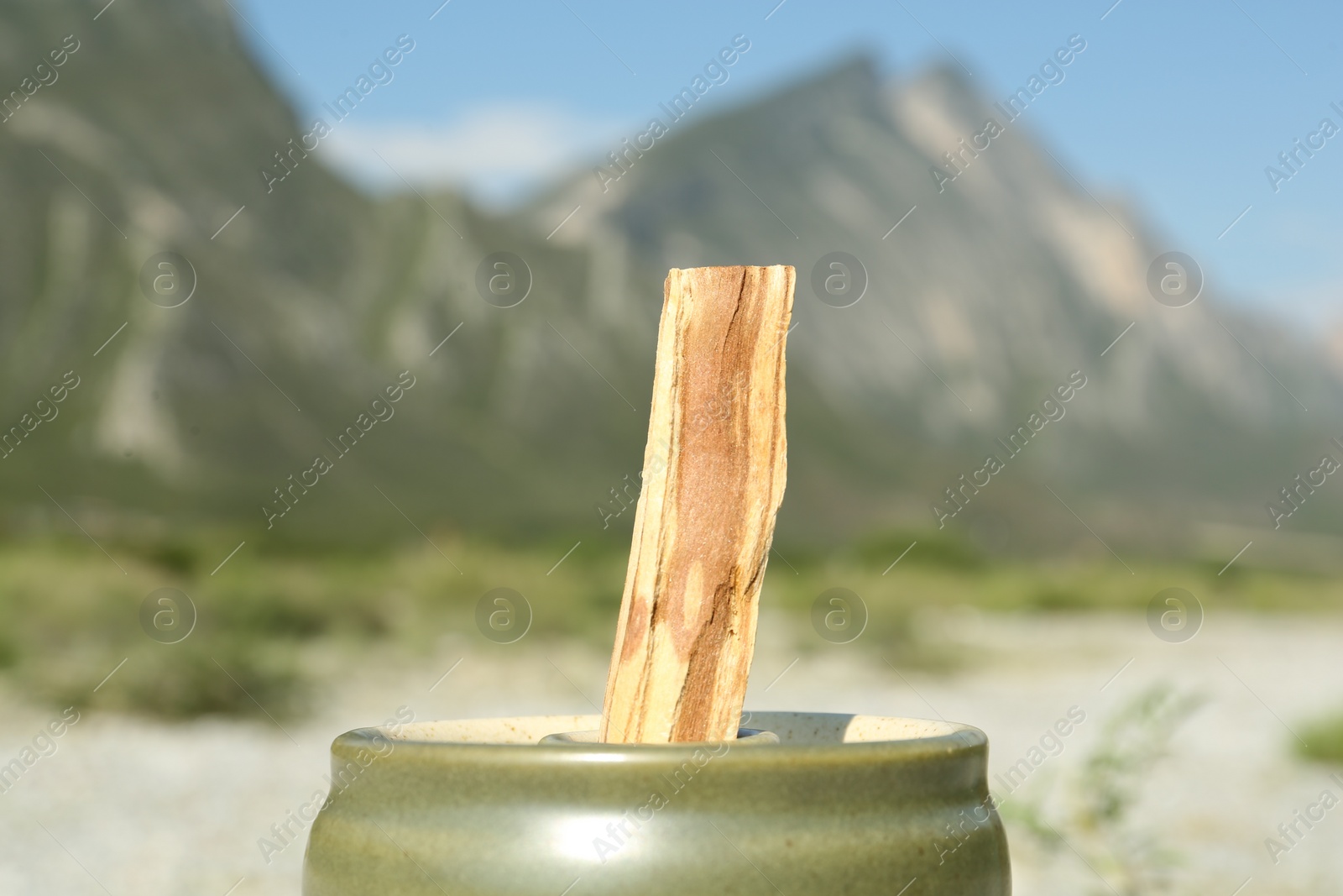 Photo of Palo santo stick in high mountains, closeup