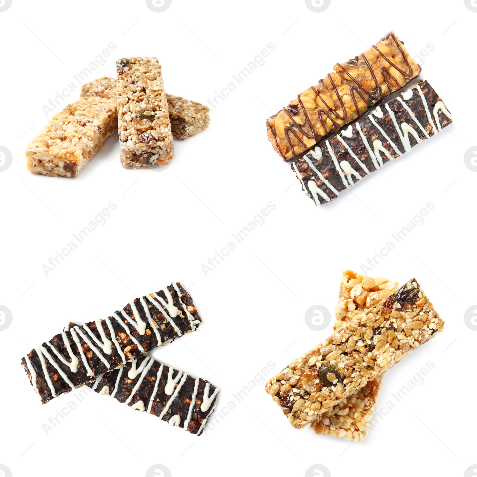 Set with different grain cereal bars on white background Image of Set with different grain cereal bars on white background
