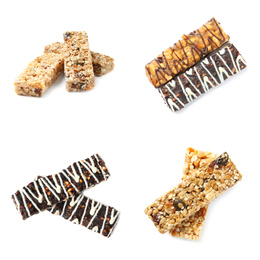 Image of Set with different grain cereal bars on white background 
