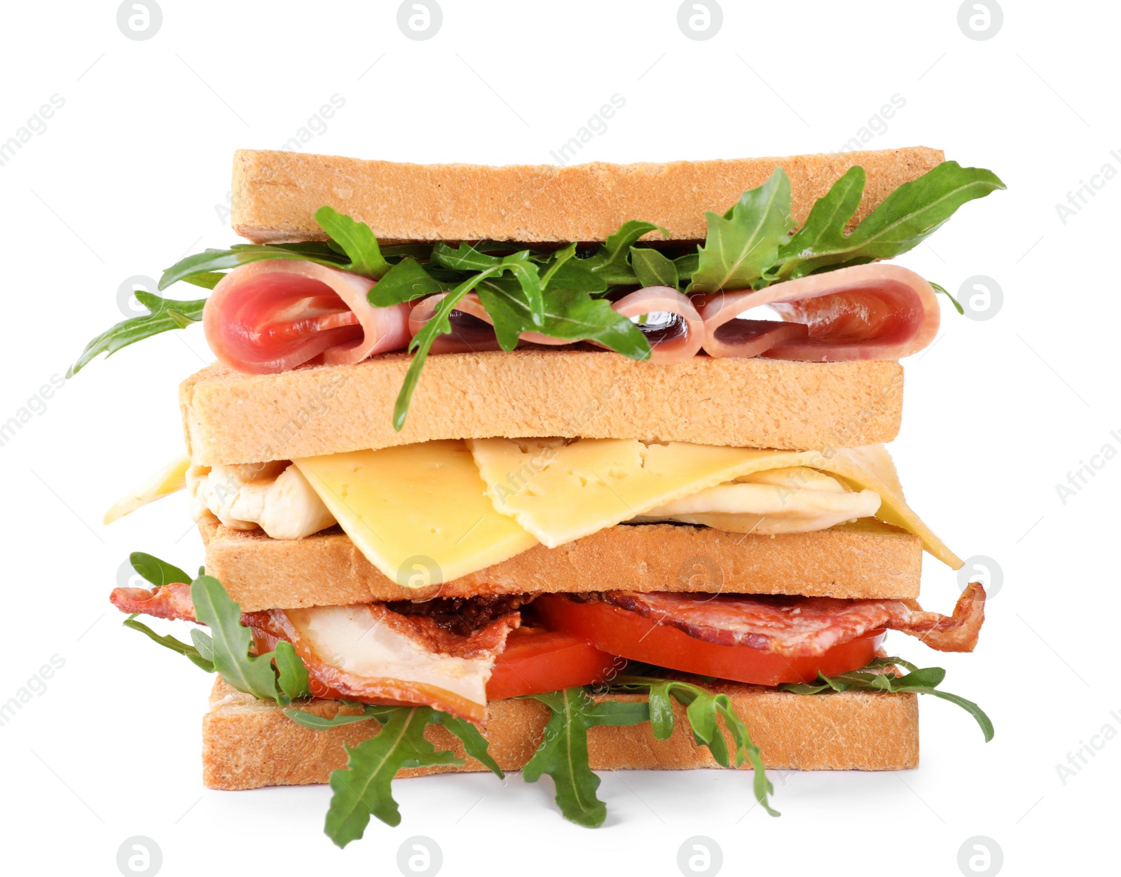 Photo of Tasty sandwich with chicken, ham and bacon isolated on white