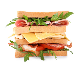 Tasty sandwich with chicken, ham and bacon isolated on white