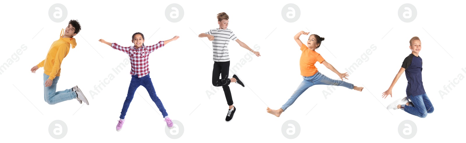 Image of Different kids jumping on white background, collage with photos