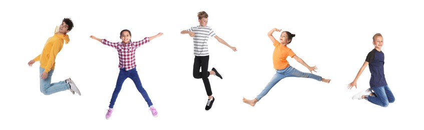 Different kids jumping on white background, collage with photos