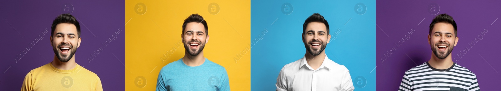 Image of Collage with portraits of happy man on different color backgrounds