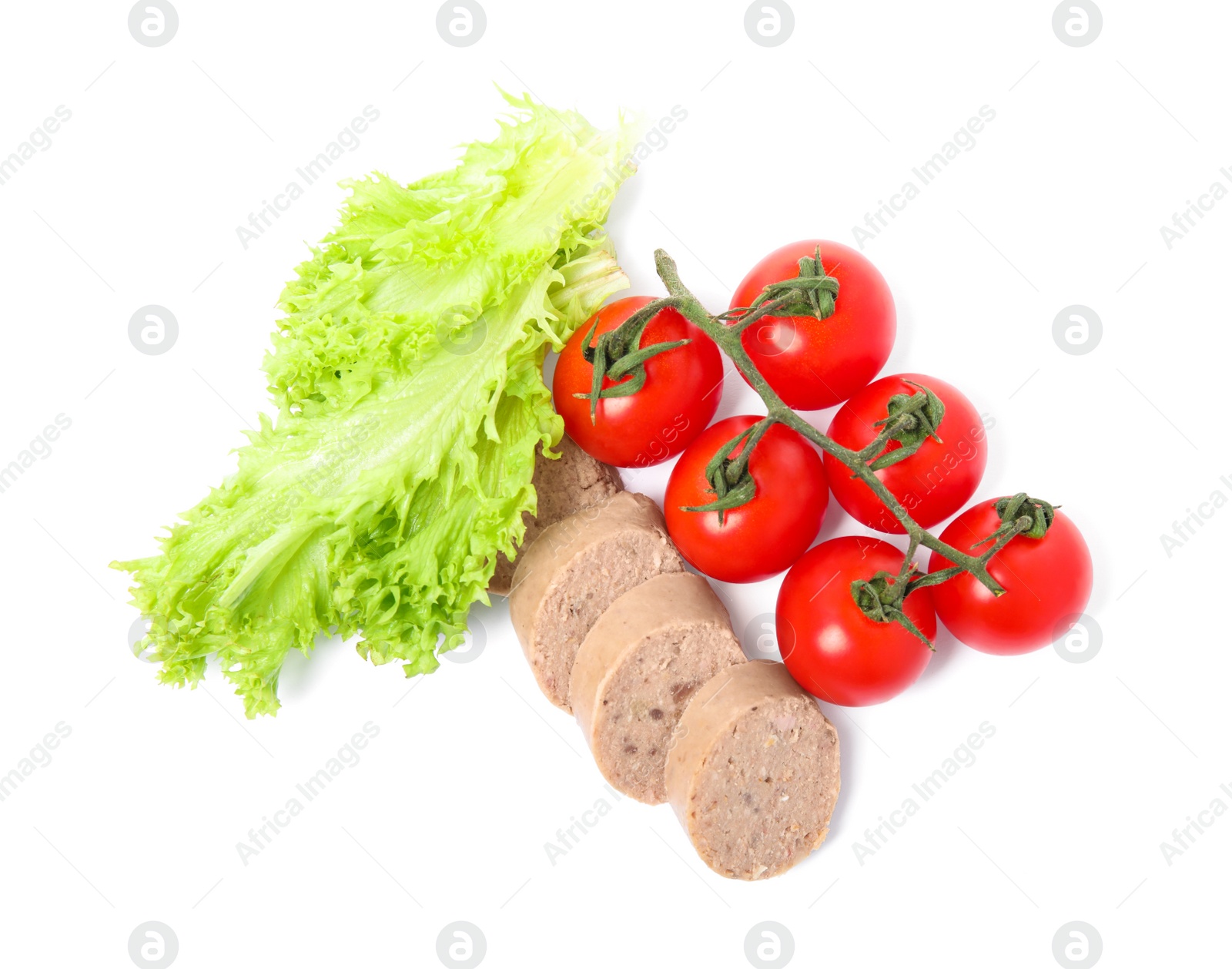 Photo of Slices of delicious liver sausage, tomatoes and lettuce on white background, top view