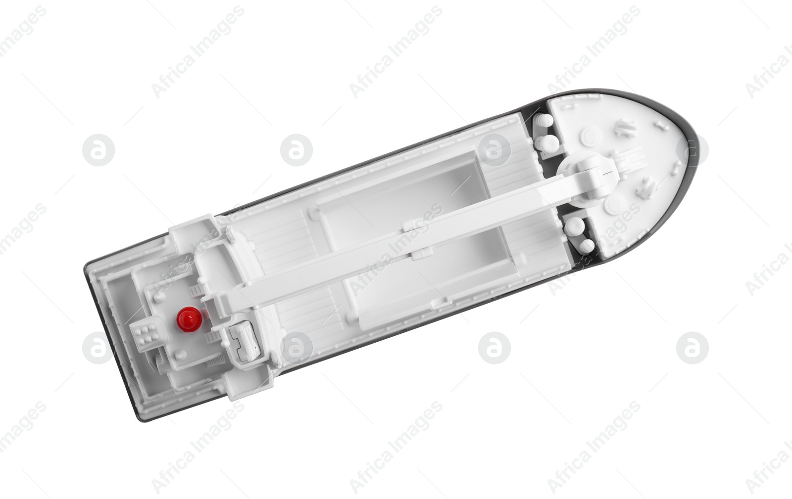 Photo of Toy cargo vessel isolated on white, top view. Export concept